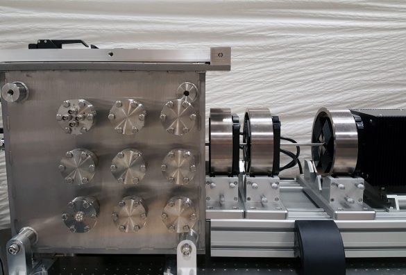The MeV ion nanoprobe setup at Atomki features new generation quadrupole magnets in a spaced triple configuration. (Oxford Microbeams Ltd.) © Atomki / I. Rajta