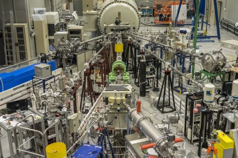 CMAM fan of beamlines in perspective, with the high energy end of the 5 MV accelerator in the background © CMAM